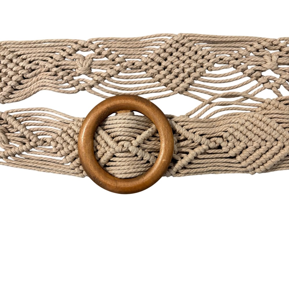 Vintage Boho Macrame Woven Belt Beige Cotton Cord Wooden Ring Buckle 44 Inch
